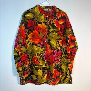 Chicos Bright Orange Yellow Green Tropical Flowers Long Sleeve Button Down 0909